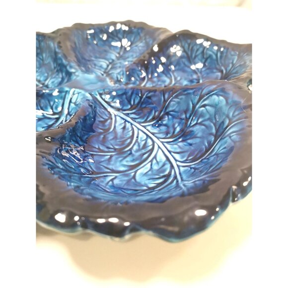Serving DIsh Vintage Inarco Japan Mood Indigo FIve Section Cabbage Leaf - Picture 2 of 10